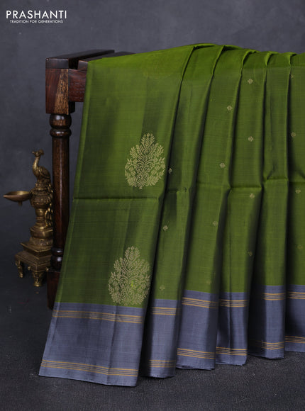 Mehendi Green & Grey Kanchipuram Soft Silk Sarees - Buttas