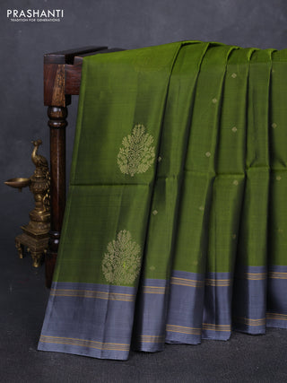 Mehendi Green & Grey Kanchipuram Soft Silk Sarees - Buttas