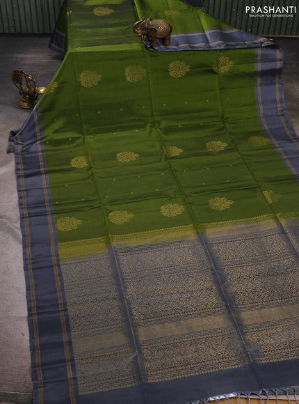 Mehendi Green & Grey Kanchipuram Soft Silk Sarees - Buttas