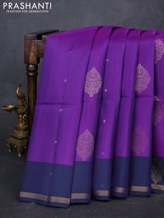 Purple & Dual Shade Of Bluish Green Kanchipuram Soft Silk Sarees - Buttas