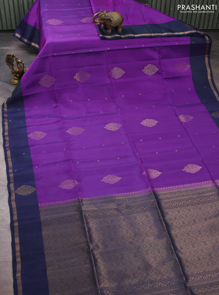 Purple & Dual Shade Of Bluish Green Kanchipuram Soft Silk Sarees - Buttas