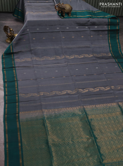 Grey & Teal Green Kanchipuram Soft Silk Sarees - Zari Weaves