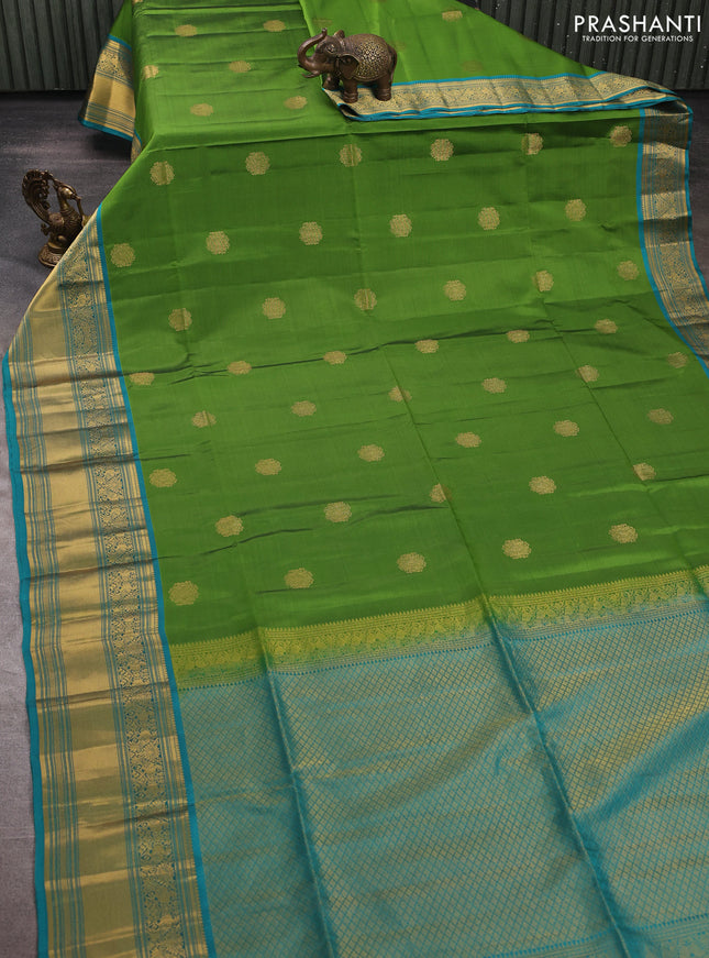 Green & Teal Blue Kanchipuram Soft Silk Sarees - Buttas
