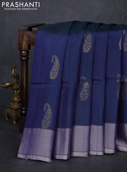 Dual Shade Of Bluish Green & Grey Shade Kanchipuram Soft Silk Sarees - Buttas