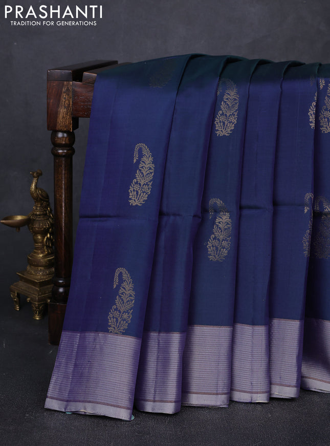 Dual Shade Of Bluish Green & Grey Shade Kanchipuram Soft Silk Sarees - Buttas