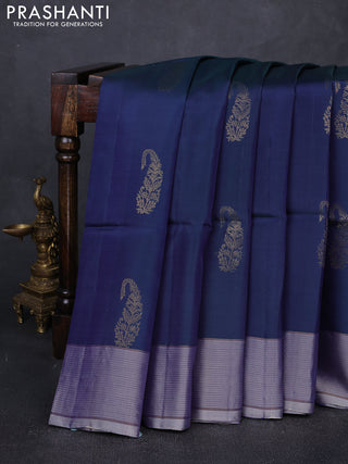 Dual Shade Of Bluish Green & Grey Shade Kanchipuram Soft Silk Sarees - Buttas
