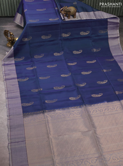 Dual Shade Of Bluish Green & Grey Shade Kanchipuram Soft Silk Sarees - Buttas