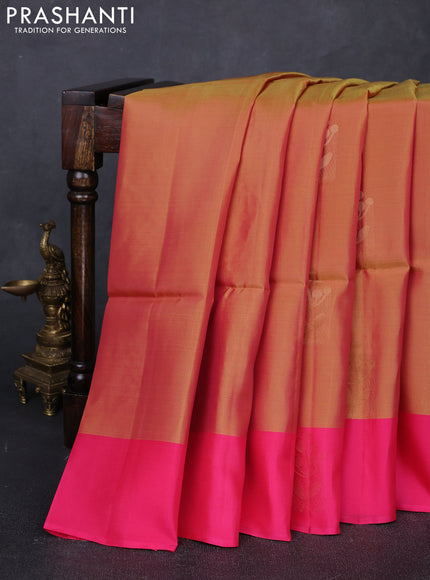 Dual Shade Of Yellow & Pink Kanchipuram Soft Silk Sarees - Buttas