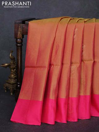 Dual Shade Of Yellow & Pink Kanchipuram Soft Silk Sarees - Buttas
