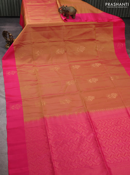 Dual Shade Of Yellow & Pink Kanchipuram Soft Silk Sarees - Buttas