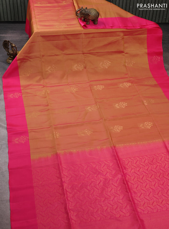 Dual Shade Of Yellow & Pink Kanchipuram Soft Silk Sarees - Buttas