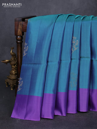 Dual Shade Of Teal Green & Lavender Kanchipuram Soft Silk Sarees - Buttas