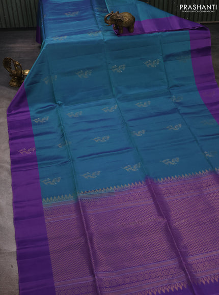 Dual Shade Of Teal Green & Lavender Kanchipuram Soft Silk Sarees - Buttas