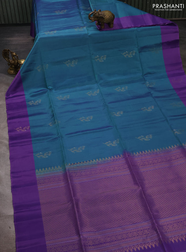 Dual Shade Of Teal Green & Lavender Kanchipuram Soft Silk Sarees - Buttas