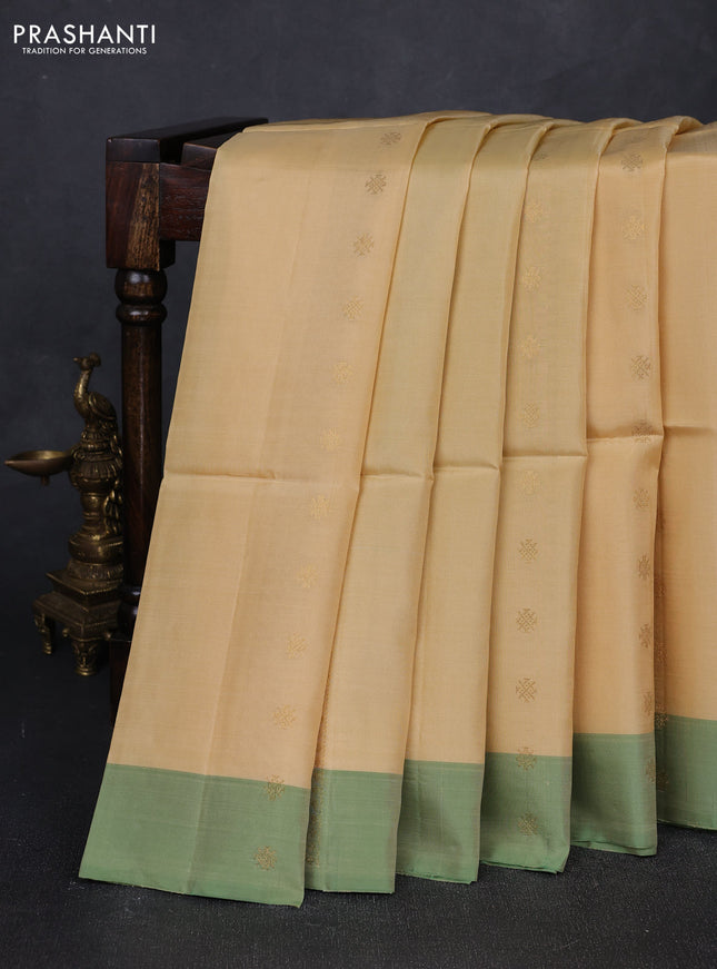 Cream & Teal Green  Kanchipuram Soft Silk Sarees - Zari Weaves