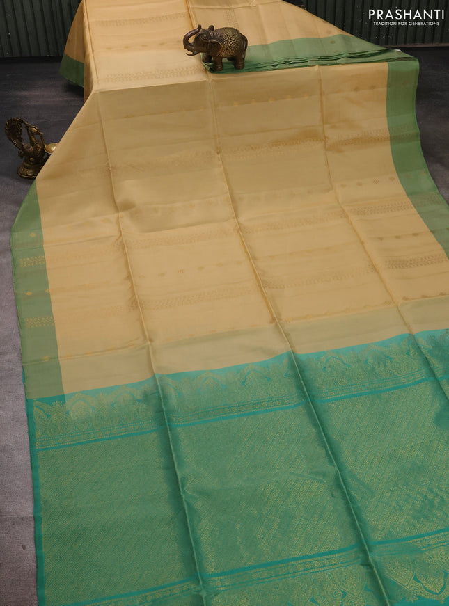 Cream & Teal Green  Kanchipuram Soft Silk Sarees - Zari Weaves