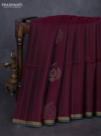 Dark Magenta Pink & Greyish Green Kanchipuram Soft Silk Sarees - Zari Weaves