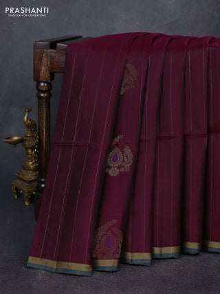 Dark Magenta Pink & Greyish Green Kanchipuram Soft Silk Sarees - Zari Weaves