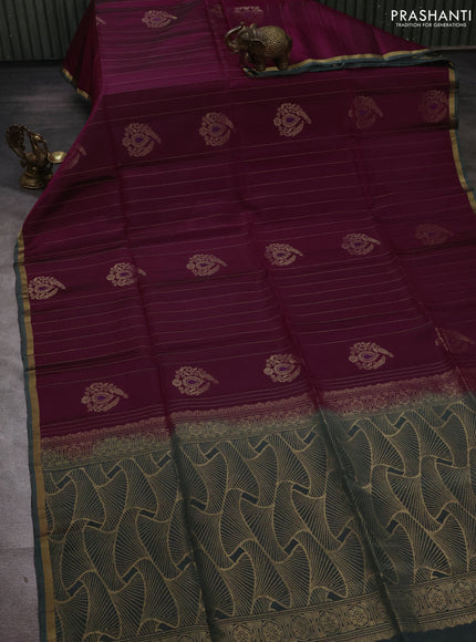 Dark Magenta Pink & Greyish Green Kanchipuram Soft Silk Sarees - Zari Weaves