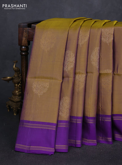 Olive Green & Violet Kanchipuram Soft Silk Sarees - Buttas
