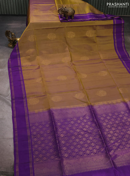 Olive Green & Violet Kanchipuram Soft Silk Sarees - Buttas