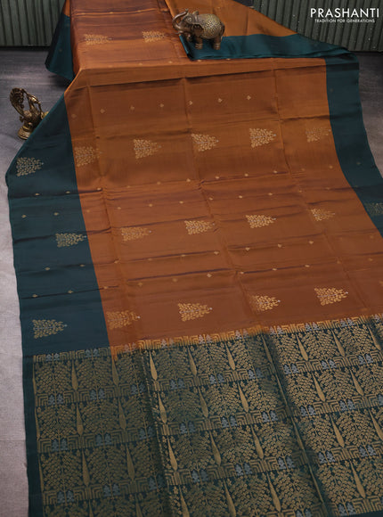Dark Mustard & Peacock Green Kanchipuram Soft Silk Sarees - Buttas