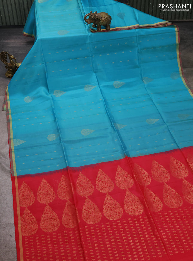 Teal Blue & Reddish Pink Kanchipuram Soft Silk Sarees - Buttas