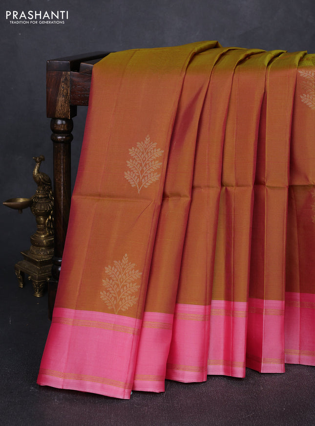 Dual Shade Of Green & Light Pink Kanchipuram Soft Silk Sarees - Buttas