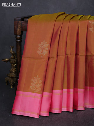 Dual Shade Of Green & Light Pink Kanchipuram Soft Silk Sarees - Buttas