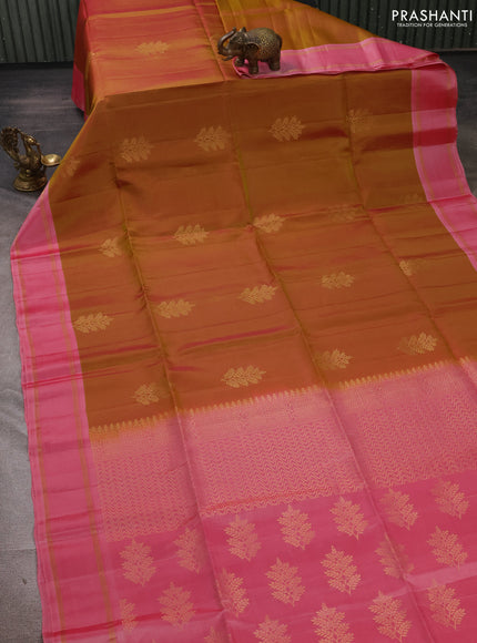 Dual Shade Of Green & Light Pink Kanchipuram Soft Silk Sarees - Buttas