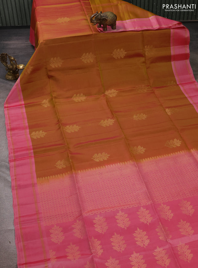 Dual Shade Of Green & Light Pink Kanchipuram Soft Silk Sarees - Buttas