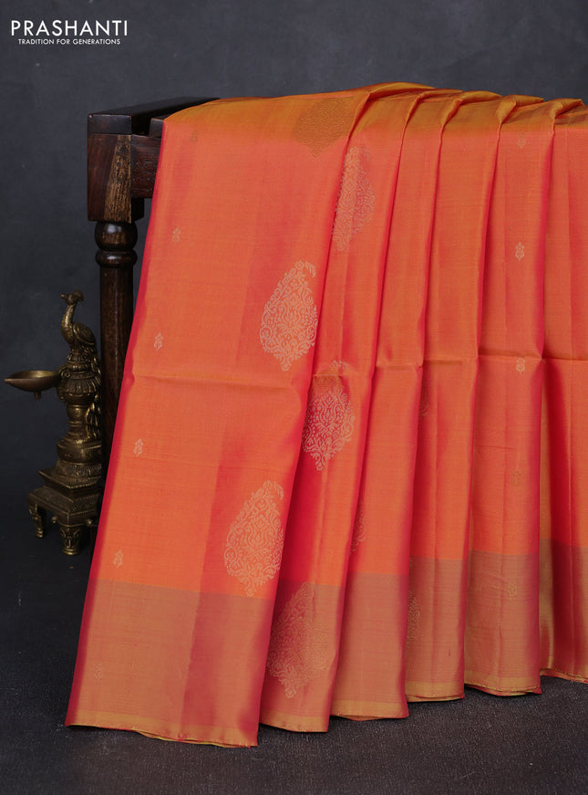 Sunset Orange & Dual Shade Of Lime Green Kanchipuram Soft Silk Sarees - Buttas