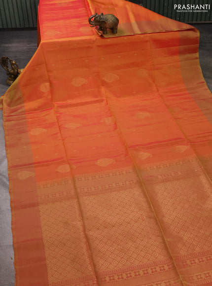 Sunset Orange & Dual Shade Of Lime Green Kanchipuram Soft Silk Sarees - Buttas