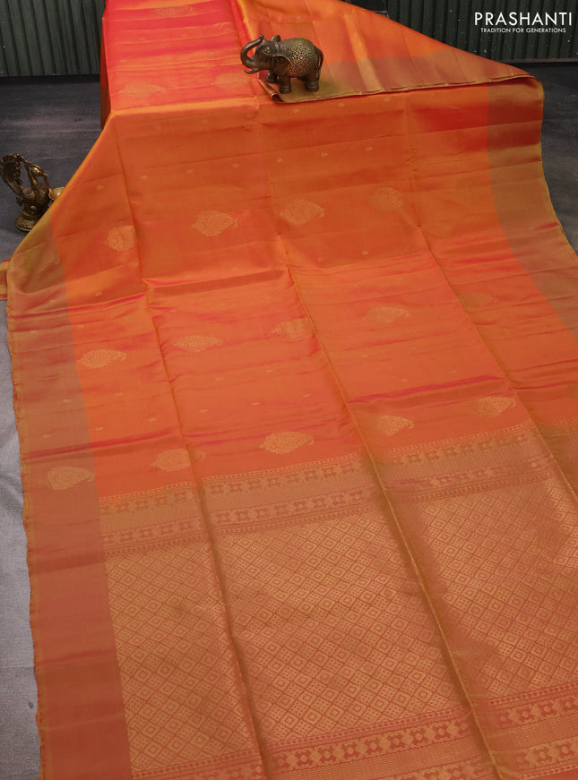 Sunset Orange & Dual Shade Of Lime Green Kanchipuram Soft Silk Sarees - Buttas