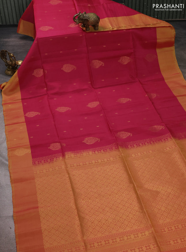 Dark Pink & Dual Shade Of Lime Green Kanchipuram Soft Silk Sarees - Buttas
