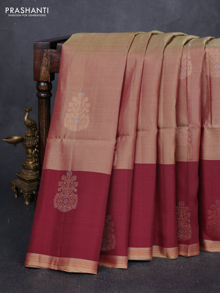 Dual Shade Of Beige & Maroon Kanchipuram Soft Silk Sarees - Buttas