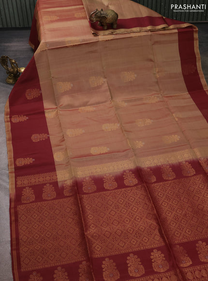 Dual Shade Of Beige & Maroon Kanchipuram Soft Silk Sarees - Buttas