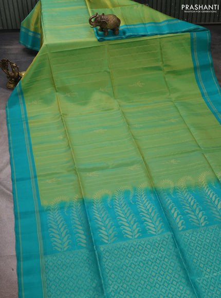 Dual Shade Of Light Green & Teal Green Kanchipuram Soft Silk Sarees - Zari Weaves
