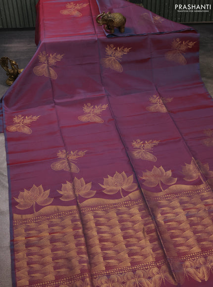 Dual Shade Of Maroonish Blue &  Kanchipuram Soft Silk Sarees - Buttas
