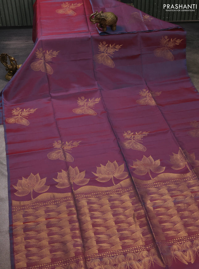 Dual Shade Of Maroonish Blue &  Kanchipuram Soft Silk Sarees - Buttas