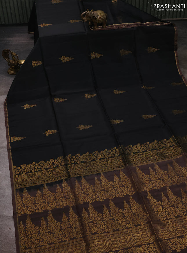 Black & Pastel Brown Kanchipuram Soft Silk Sarees - Buttas