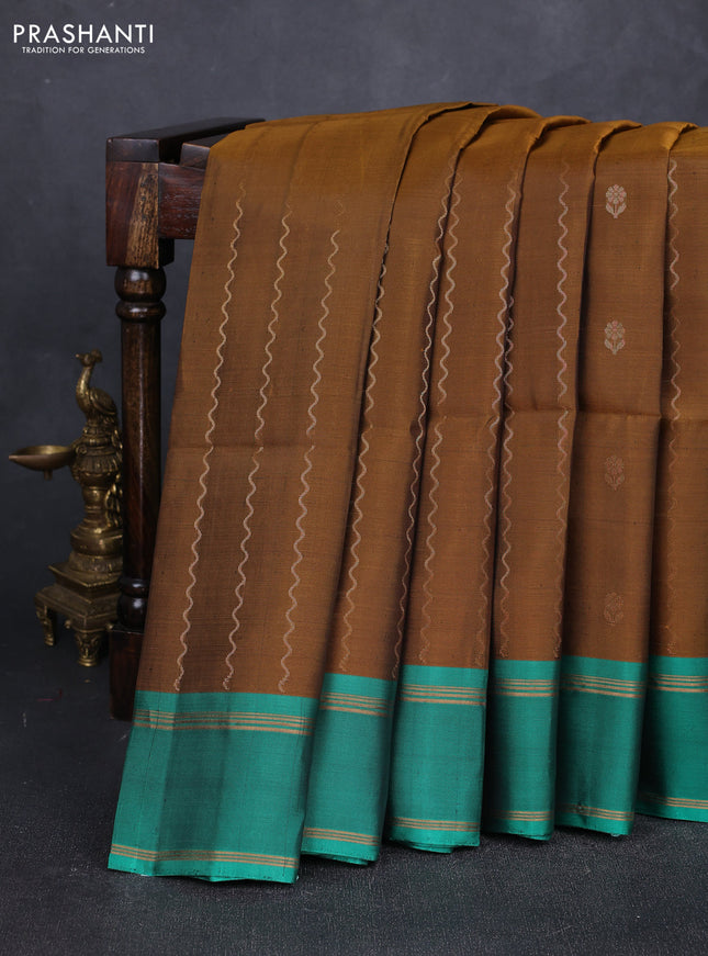 Dark Mustard & Green Kanchipuram Soft Silk Sarees - Zari Weaves