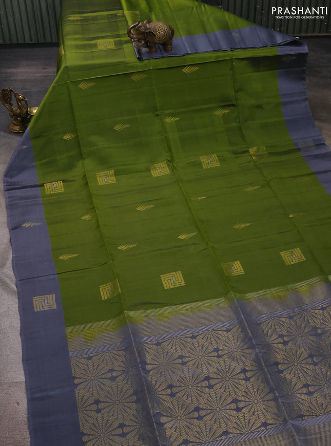 Mehendi Green & Grey Kanchipuram Soft Silk Sarees - Buttas