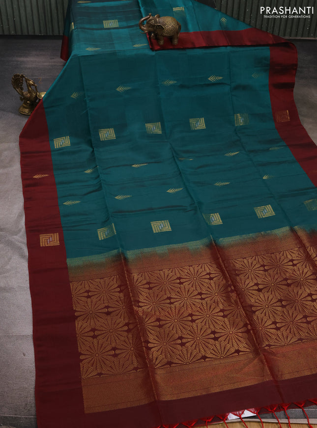 Peacock Green & Maroon Kanchipuram Soft Silk Sarees - Buttas