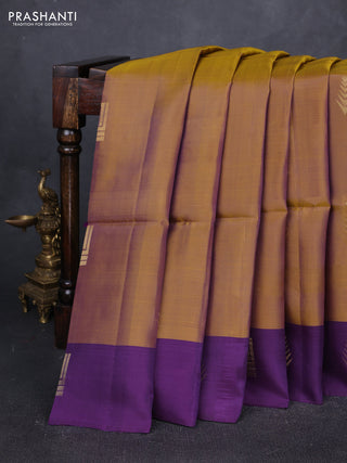 Dark Mustard & Purple Kanchipuram Soft Silk Sarees - Buttas
