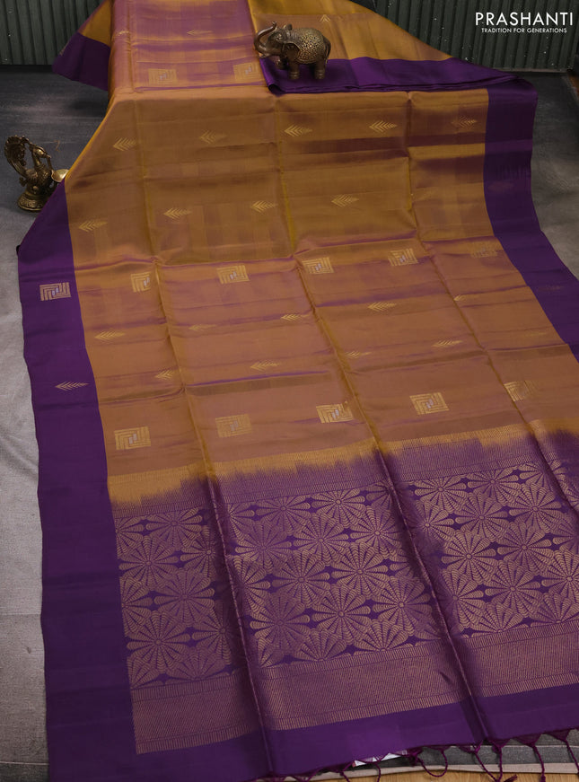 Dark Mustard & Purple Kanchipuram Soft Silk Sarees - Buttas