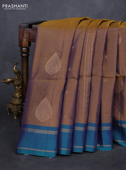 Dark Mustard & Peacock Green Kanchipuram Soft Silk Sarees - Zari Weaves