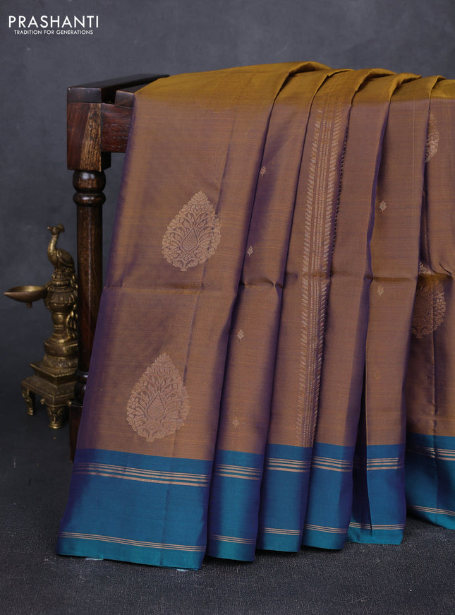 Dark Mustard & Peacock Green Kanchipuram Soft Silk Sarees - Zari Weaves