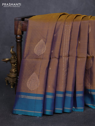 Dark Mustard & Peacock Green Kanchipuram Soft Silk Sarees - Zari Weaves