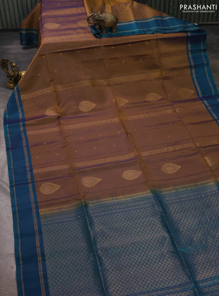 Dark Mustard & Peacock Green Kanchipuram Soft Silk Sarees - Zari Weaves